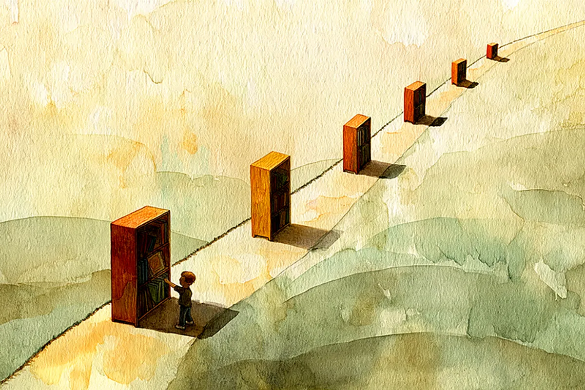 Watercolor illustration of a winding path through gentle rolling hills, with six small wooden bookshelves placed along the path at intervals, each holding different sized books that grow progressively larger. A tiny child at the start of the path reaches for a chunky board book, while the path leads into the distance past picture books, early readers, and chapter books. Soft morning light, sage green and warm cream palette, organic watercolor bleeds, whimsical but grounded, top-down slightly tilted perspective.