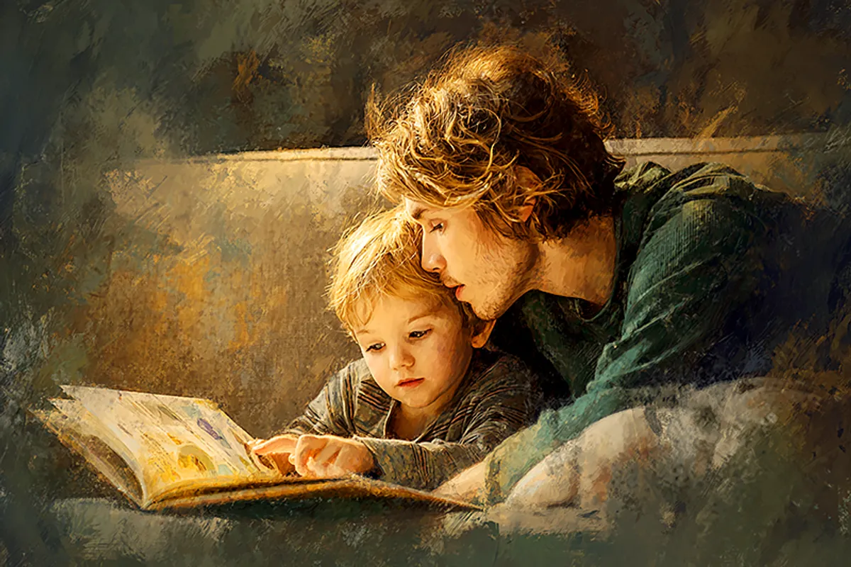 A toddler and a parent on a soft couch, the child's head resting against the adult's arm. An open illustrated book between them. The child is pointing at something on the page, eyes wide with recognition. Warm, intimate lighting. The mood is private. Two people in a small world made of a single book. Painterly, warm amber tones, soft focus on the edges.