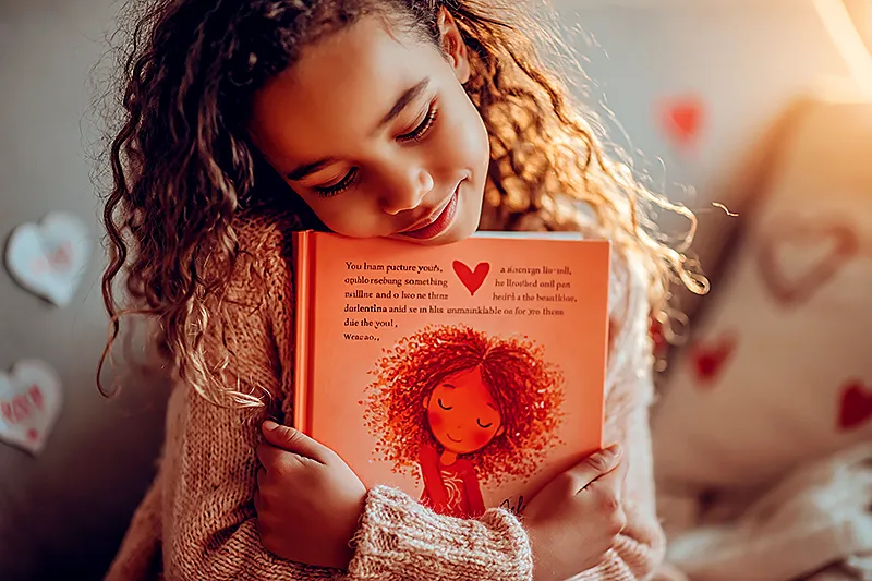 A child of around 4-7 holding a picture book close to their chest with both arms, expression one of delighted warmth. The setting is warm and intimate — a living room in soft morning light, a few small paper valentines visible in the background. The book's cover shows a beautifully illustrated character who resembles the child. Hearts are present but subtle — in a cushion, a small decoration — not overwhelming the scene. The quality of a child receiving something that is unmistakably, entirely for them.