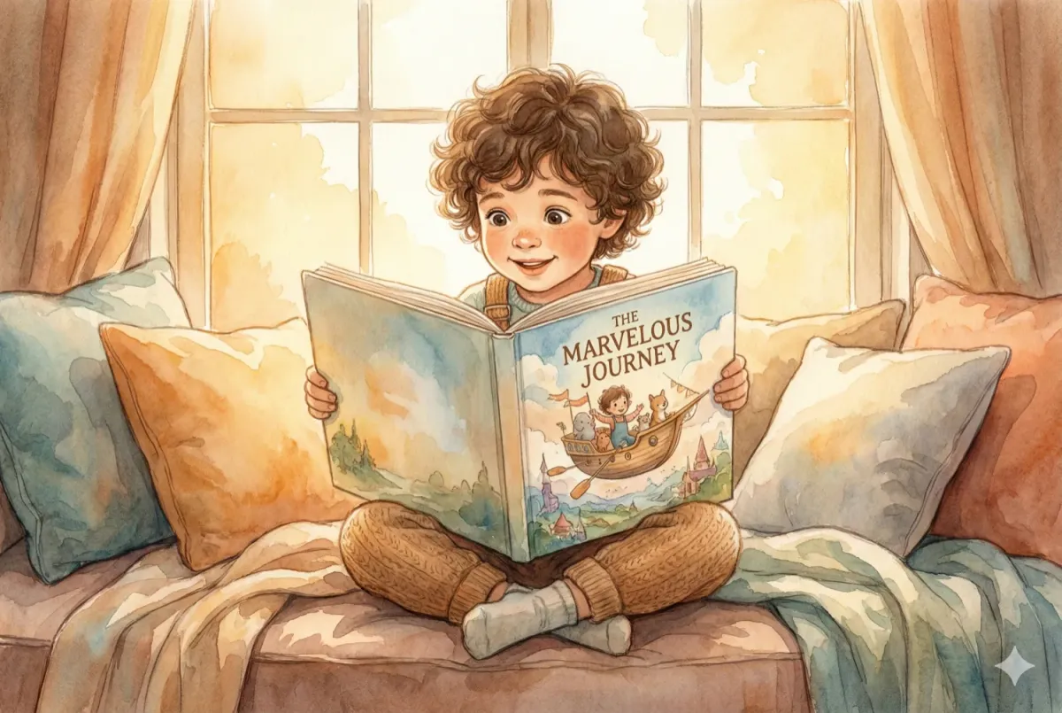 A young child with curly hair sits cross-legged on a cozy window seat, holding open a large illustrated storybook. Warm golden light streams through the window behind them. The book shows a whimsical illustration of an adventure scene. The child's expression is one of pure wonder and recognition. Soft watercolor style, warm palette, dreamy atmosphere.