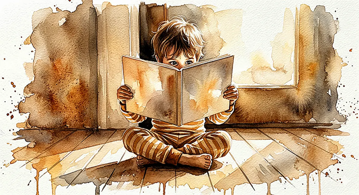 A four-year-old child sitting cross-legged on a sunlit wooden floor, holding a large open picture book up close to their face, completely absorbed. We see the book from behind, slightly translucent from the light, and the child's wide eyes peering over the top edge. Warm morning light, wooden textures, the child is in pajamas. Painterly, intimate, the feeling of total absorption. Amber and cream palette.