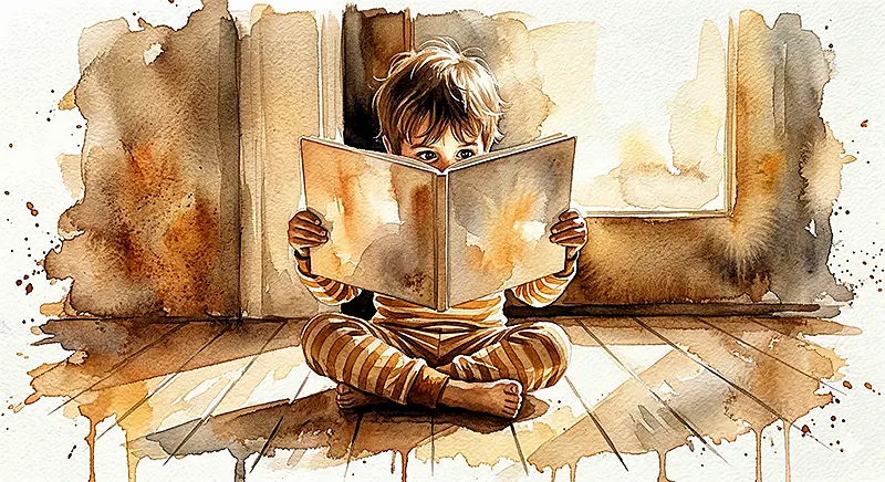 A four-year-old child sitting cross-legged on a sunlit wooden floor, holding a large open picture book up close to their face, completely absorbed. We see the book from behind, slightly translucent from the light, and the child's wide eyes peering over the top edge. Warm morning light, wooden textures, the child is in pajamas. Painterly, intimate, the feeling of total absorption. Amber and cream palette.