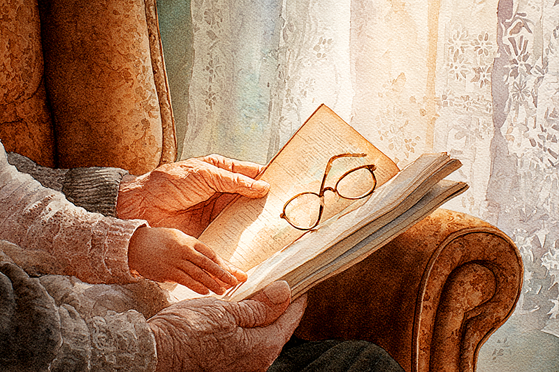 An elderly hand and a small child's hand together holding an open storybook on a cozy armchair. The book's pages glow warmly. A pair of reading glasses rests on the armrest. Soft afternoon light through lace curtains. Watercolor style, intimate, tender, warm amber and cream tones.