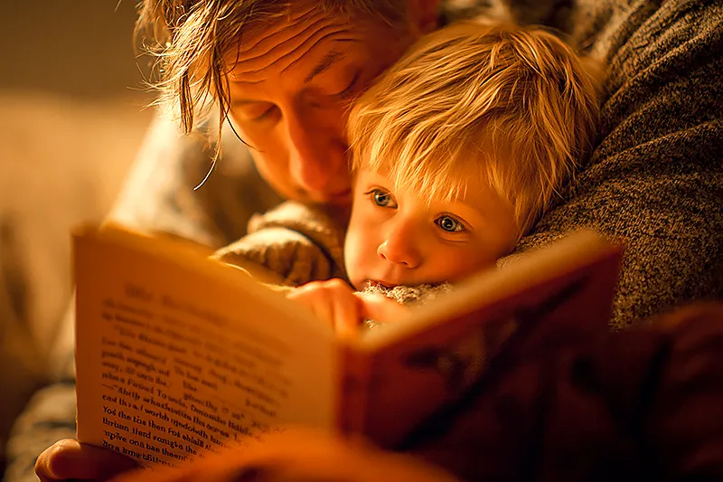 A toddler and a parent on a soft couch, the child's head resting against the adult's arm. An open illustrated book between them. The child is pointing at something on the page, eyes wide with recognition. Warm, intimate lighting. The mood is private. Two people in a small world made of a single book. Painterly, warm amber tones, soft focus on the edges.