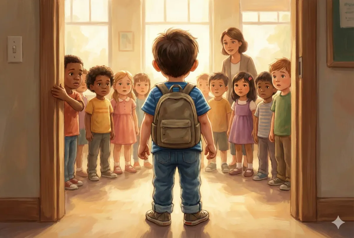 A small child standing at the threshold of a school classroom doorway, one hand on the doorframe, looking in with quiet determination. Backpack on, shoulders slightly uncertain but feet planted forward. Warm morning light streams through windows inside. No cape, no costume. Just a real child in a real moment of everyday courage. Painterly style, soft warm palette, intimate perspective.