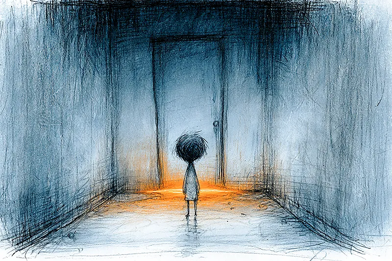 A child of around five in pajamas, seen from behind, standing alone in a dim hallway. At the far end, a closed door with a thin strip of amber light underneath it. The child is small and still, not moving toward it. Charcoal sketch on grey-toned paper. Cool blue-grey palette throughout, the only warmth a faint glow under the door. No adults visible.