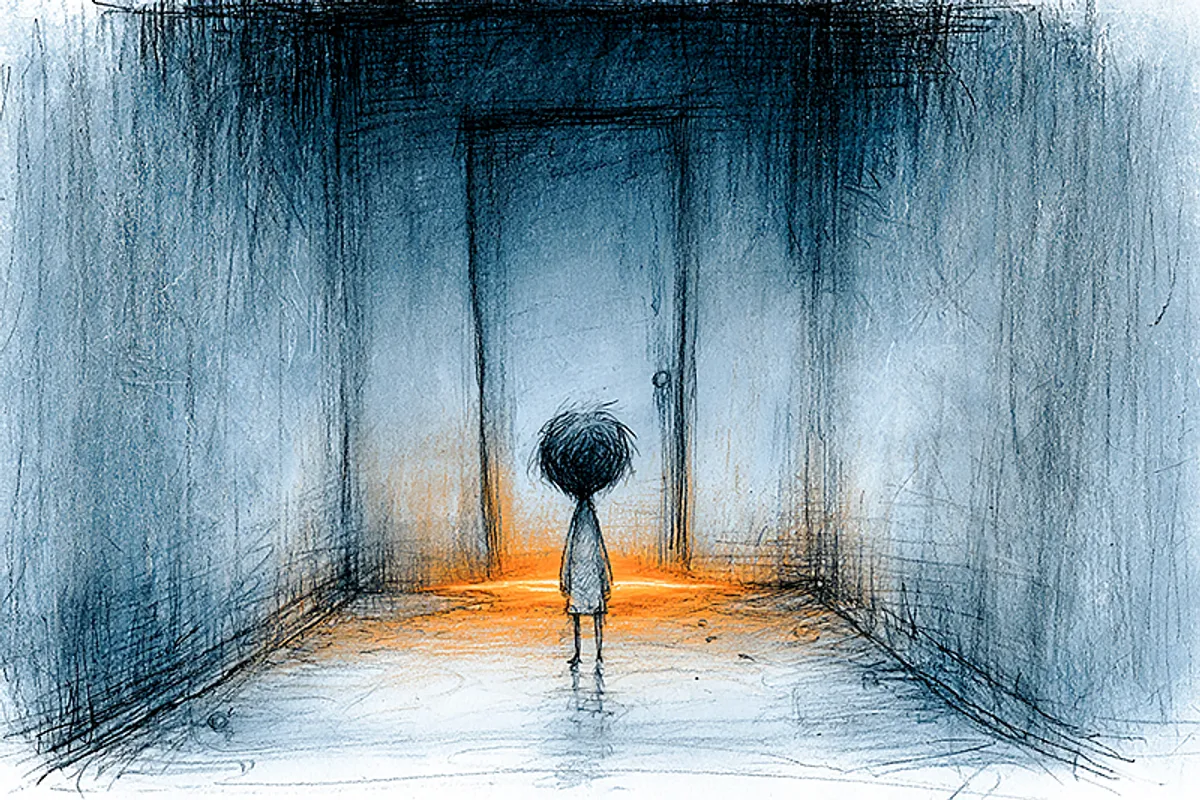A child of around five in pajamas, seen from behind, standing alone in a dim hallway. At the far end, a closed door with a thin strip of amber light underneath it. The child is small and still, not moving toward it. Charcoal sketch on grey-toned paper. Cool blue-grey palette throughout, the only warmth a faint glow under the door. No adults visible.