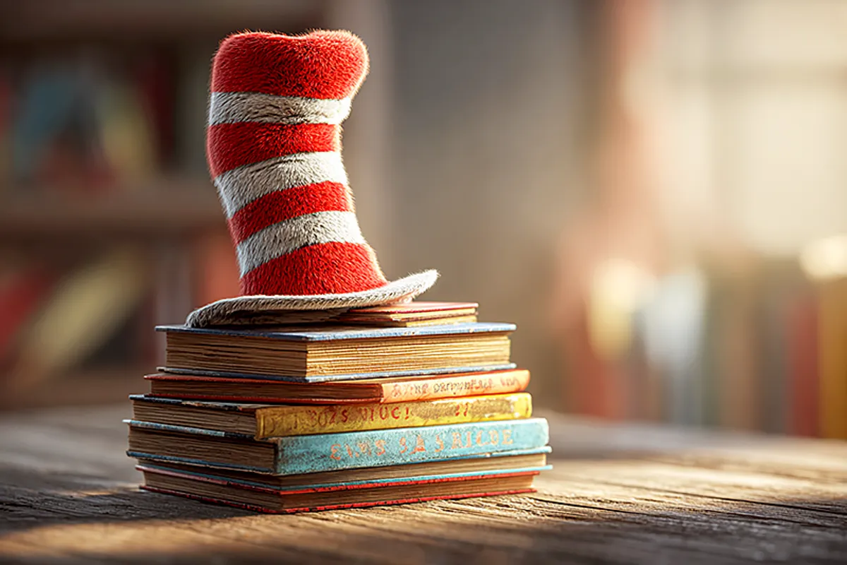 A single tall red-and-white striped hat resting on top of a stack of colorful, well-worn children's books on a wooden table. Warm morning light streams from the left, casting long shadows. In the background, a child's hand reaches for the hat. Painterly watercolor style, nostalgic and warm, soft focus on the background.