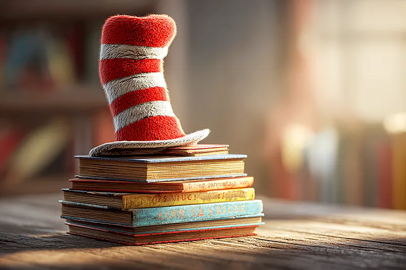 A single tall red-and-white striped hat resting on top of a stack of colorful, well-worn children's books on a wooden table. Warm morning light streams from the left, casting long shadows. In the background, a child's hand reaches for the hat. Painterly watercolor style, nostalgic and warm, soft focus on the background.