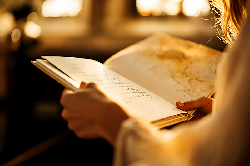 A godparent's hands holding a beautifully illustrated personalized children's book, open to a dedication page with handwritten words. Warm christening-day light from a church window. Soft cream and gold palette. The book cover is visible nearby — a watercolor portrait of a baby. Intimate, ceremonial, tender. Painterly style, shallow depth of field.