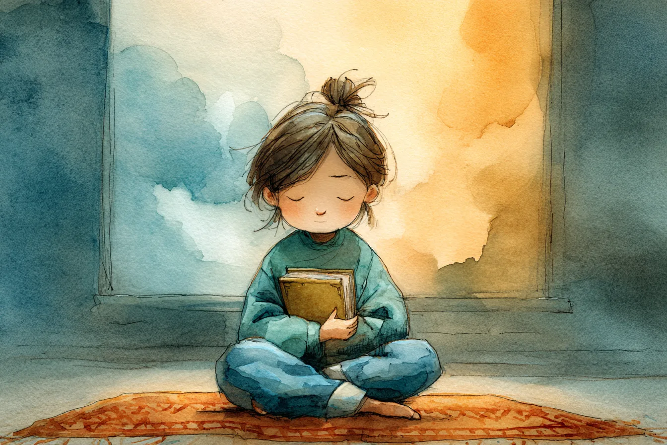 A child sitting cross-legged on a rug, holding a closed book against their chest like something precious. Eyes closed. Not reading. Just holding. Around them, faint watercolor shapes suggest emotions — a soft blue cloud, a warm amber glow, a gentle shadow — none threatening, all present. The room is quiet. No adults visible. The child is not being taught anything. They are being accompanied. Soft natural light from a window. Storybook illustration style, muted palette, intimate.