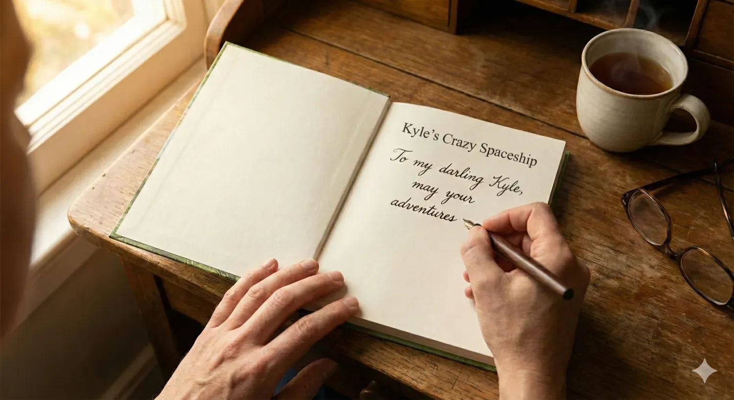 Close-up of hands holding a fountain pen above the open inscription page of a children's book. Beautiful cursive handwriting partially visible. The book is open on a wooden desk with soft afternoon light. A cup of tea nearby, reading glasses. The intimate moment of writing something permanent. Warm, thoughtful atmosphere.