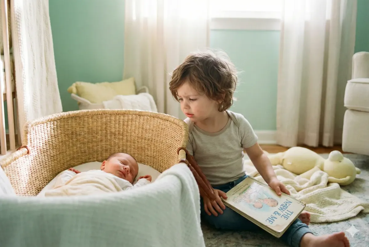 A young child sitting beside a baby bassinet, looking down at an infant with a mix of wonder and uncertainty. The child holds a storybook loosely in their lap. Soft nursery light, gentle pastels. The complex moment of becoming a sibling. Tender, emotionally honest, hopeful but acknowledging the complexity.