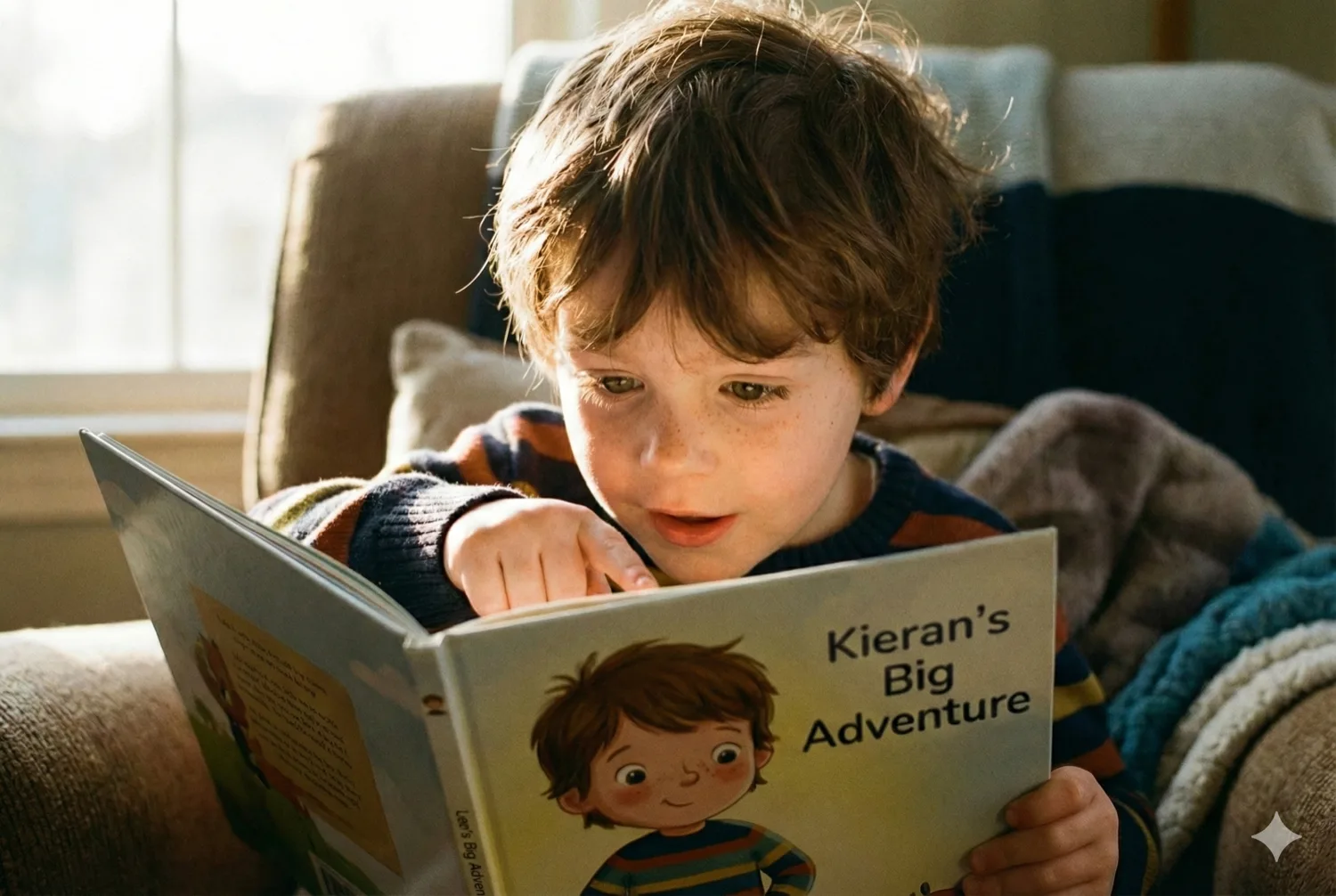 A child's face lit with wonder and recognition, looking down at an open storybook where the illustrated character looks just like them. The child's finger points at the page. Soft focus on the background, sharp on the expression of discovery. The magical moment of seeing yourself in a story. Warm, joyful, intimate.