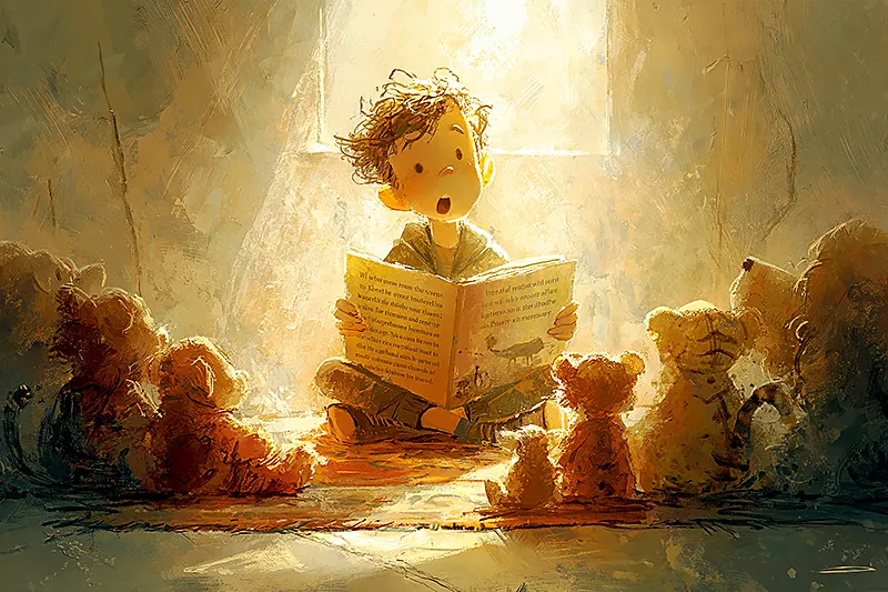 A small child sitting on a rug, holding an open picture book in their lap, mouth open mid-word as if reciting the text from memory. The book faces outward, away from the child, as if they are reading to an audience of stuffed animals arranged in a semicircle. Warm morning light from a window. The child's posture is confident, proud. Painterly, soft golden tones, intimate and quiet.