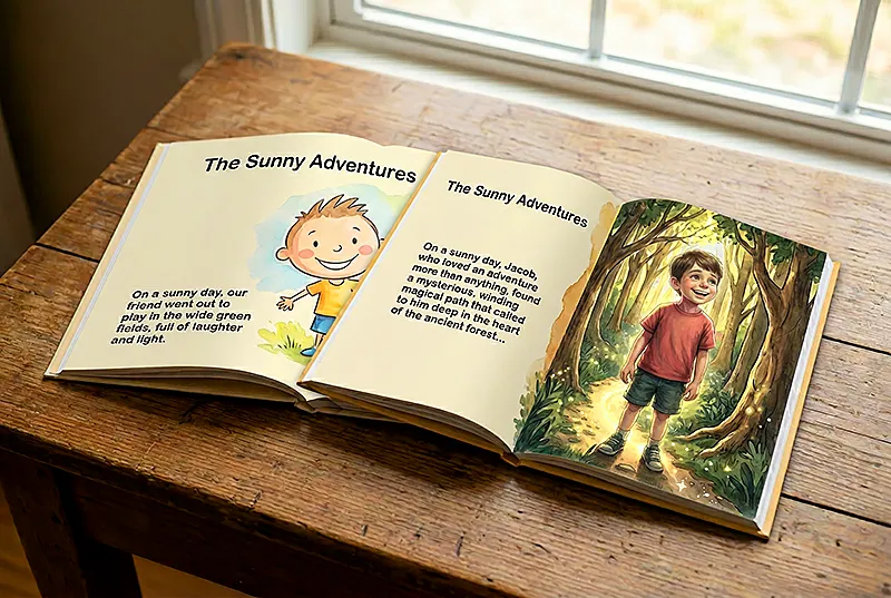 Two children's storybooks open side by side on a wooden table. The one on the left shows a generic, bright illustrated character — cheerful but clearly a template, the kind of face you've seen in many books. The one on the right shows an illustrated character with unmistakably specific features: particular eyes, a real smile, clearly rendered from a real child's photo. Same format, fundamentally different thing. Warm natural light, watercolor illustration style, cream and amber tones. The comparison is visible without being labelled.