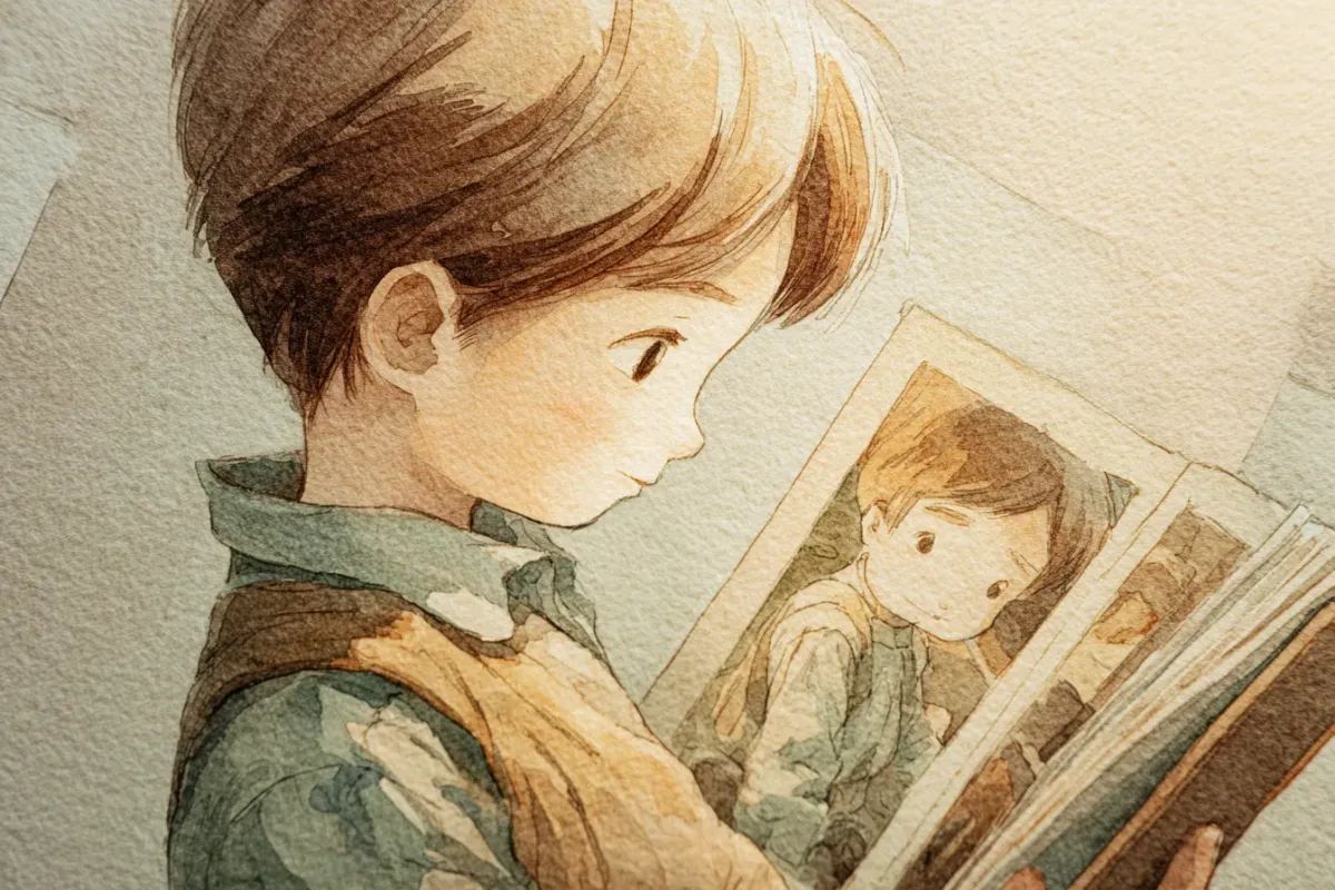A warm, intimate watercolor illustration of a young child holding an open picture book, looking down at it with quiet wonder. Inside the book's pages, we see an illustration that clearly resembles the child looking back. Soft golden afternoon light, muted sage and cream tones, the feeling of recognition and connection. No generic cartoon style. Specific, tender, real.