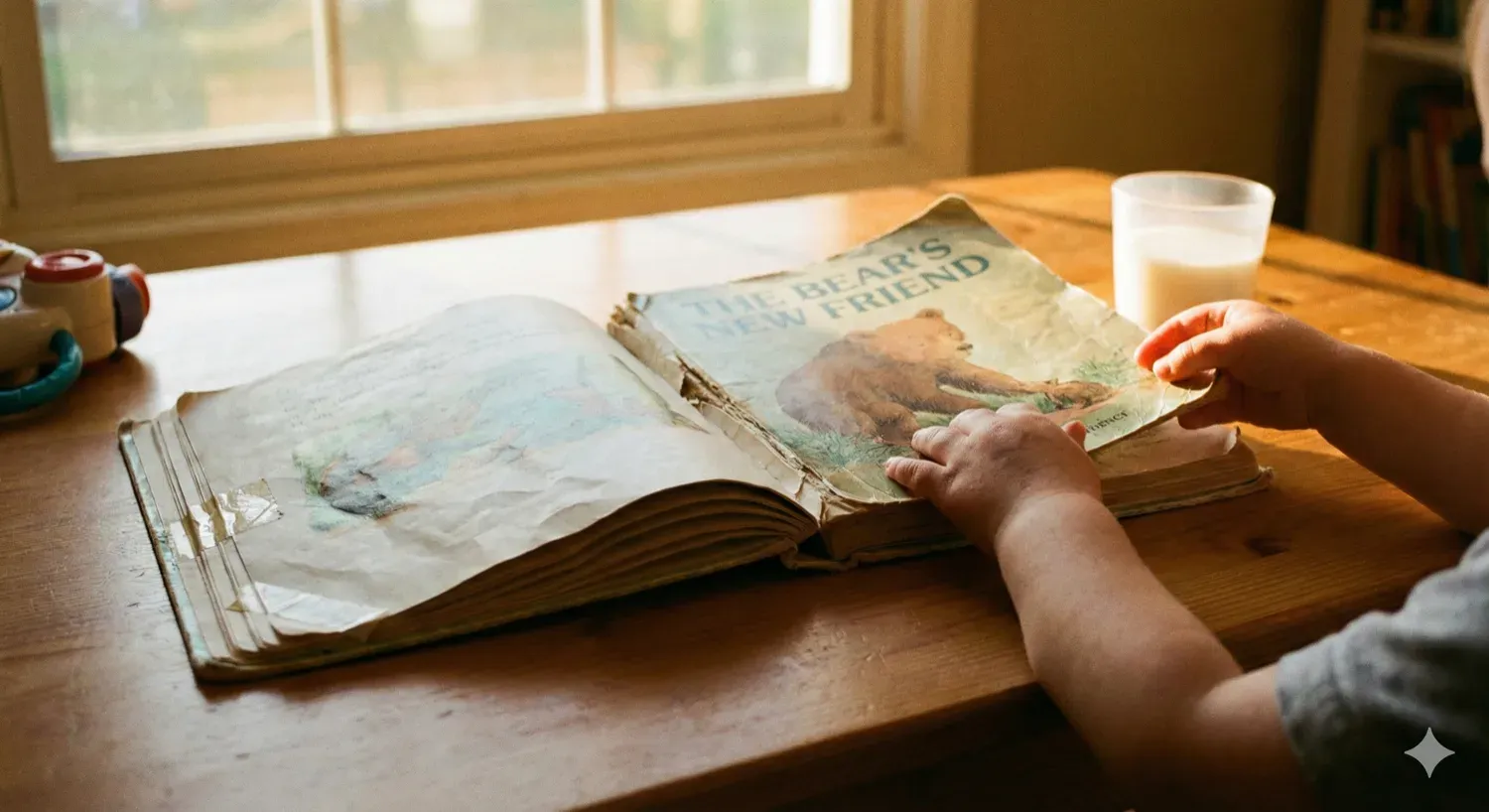 A well-worn children's book lies open, spine cracked and soft, pages slightly wavy from many readings. Small child's hands reach to turn back to the beginning. The book shows signs of love: a small tear taped, corners rounded. Evening light. The beautiful wear of a book that has been read hundreds of times. Nostalgic, warm, cherished.