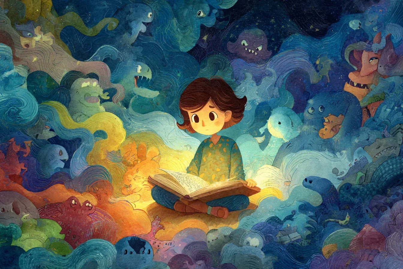 A warm, illustrated scene of a child sitting cross-legged with an open storybook glowing softly, surrounded by swirling colors and characters that seem to step out of the pages. Storybook illustration style, watercolor-like, intimate and hopeful.