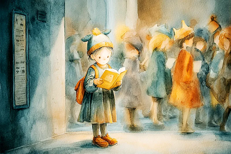 A small child dressed in a simple book-character costume, standing alone in a school hallway holding a single open book. Other children in costumes blur past in motion. The child is still, absorbed in reading, a quiet center in the celebration chaos. Watercolor style, warm school-day light, gentle and observant.