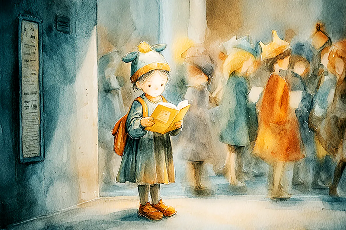 A small child dressed in a simple book-character costume, standing alone in a school hallway holding a single open book. Other children in costumes blur past in motion. The child is still, absorbed in reading, a quiet center in the celebration chaos. Watercolor style, warm school-day light, gentle and observant.